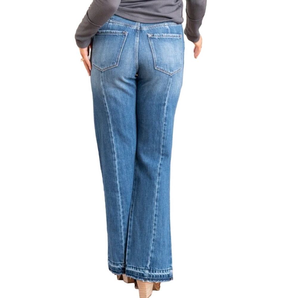Kancan Medora High Rise 90s Slit Raw Hem Straight Leg Jeans Medium Wash 13 30 - Picture 2 of 13
